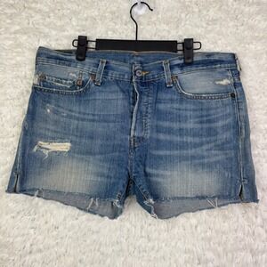 Levi's 501 Womens Blue Denim Distressed Cut‎ Off Jean Shorts Sz 32 10 Button Fly